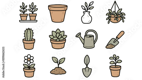A collection of various plants and gardening tools on a white background
