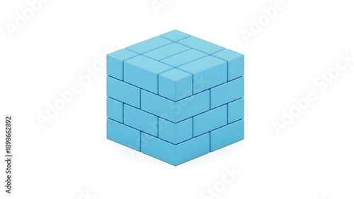 Light blue 3D cube structure made of smaller rectangular blocks