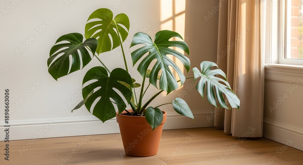 Fototapeta premium Monstera deliciosa plant in a terracotta pot by the window