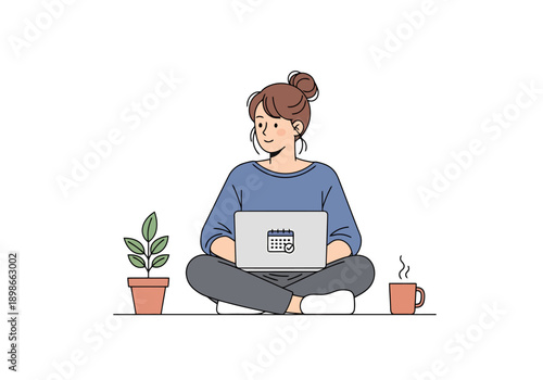 Young woman sitting cross legged with laptop and plant creating productive remote work lifestyle online using calendar app for organization and