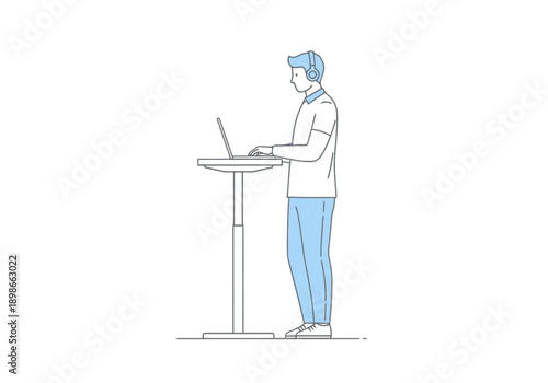 Man Working From A Height Adjustable Desk With Laptop Promoting Ergonomic Office Design And Healthy Workplace Habits For Dynamic Professionals