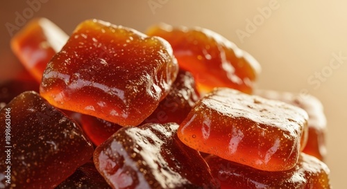 A tempting macro photograph capturing a casual pile of rich, glossy brown butter toffee candies, highlighting the sweet, sugary texture, baked, isolated, cooked