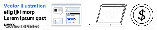 Online business, financial management, technology applications, e-commerce setups, website design, digital economy. Web page, laptop and dollar sign icon. Online business and financial management