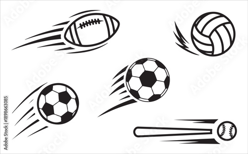 Set of black and white sport balls with speed lines including football volleyball and soccer