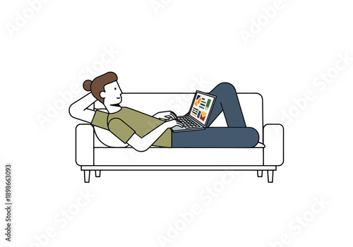 Person relaxing comfortably on a sofa using a laptop computer for browsing or remote work with a casual lifestyle scene