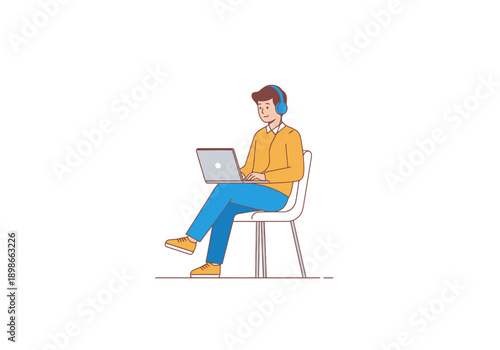 Young man with headphones using a laptop while sitting on a chair and listening to music modern casual workspace concept close up