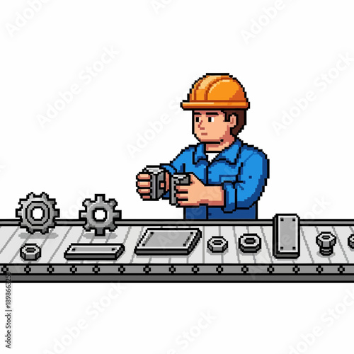 Worker on assembly line with gears and components.