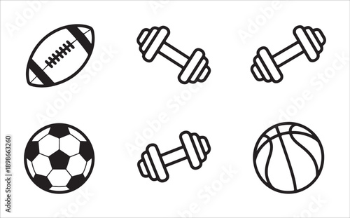 Assortment of sports balls and weights collection vector graphic illustration
