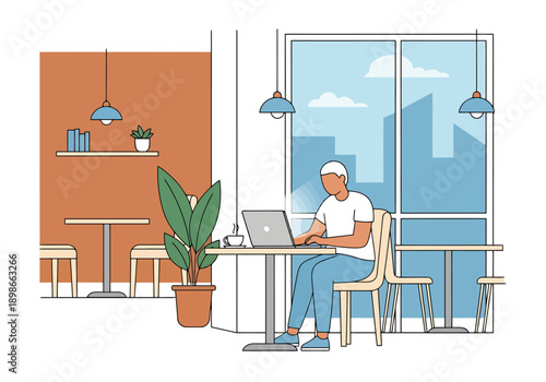 Person working on laptop computer in a modern cafe with large window overlooking cityscape and outdoor seating area available