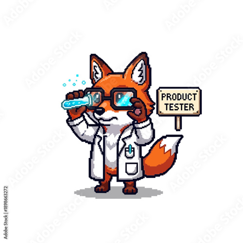 Cartoon fox wearing lab coat and goggles, holding a sign.