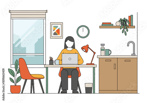 Cozy home office setup with a person working on a laptop at a desk creating a productive and comfortable remote work environment for tasks