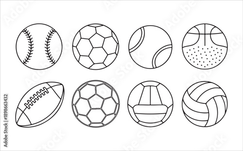 Sports balls line icons set including baseball soccer tennis basketball football and volleyball