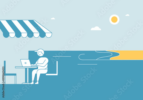 Person works on laptop at outdoor cafe table near sunny beach and calm water with striped awning overhead calm sky background