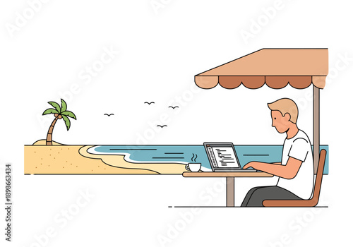 Man Typing On Laptop At Beachside Table Under Umbrella With Ocean And Palm Tree Background Work Freedom Concept