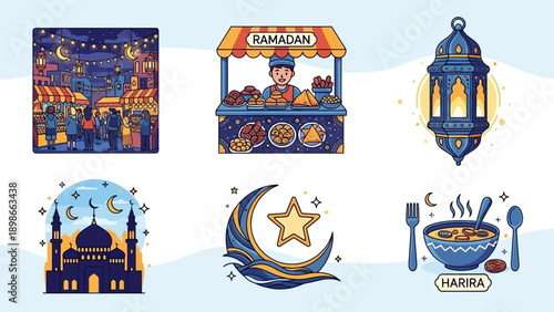 Ramadan themed illustrations with various elements.