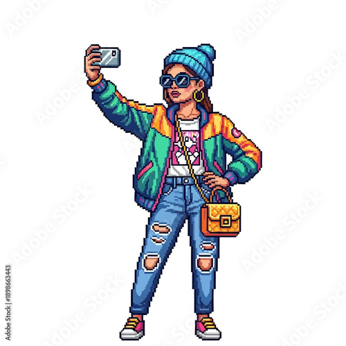Woman in hat and jacket takes a selfie with a camera.