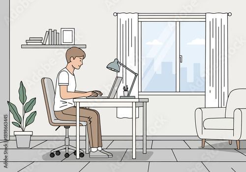 Young man working on a laptop at a desk in a bright room with a window overlooking a cityscape