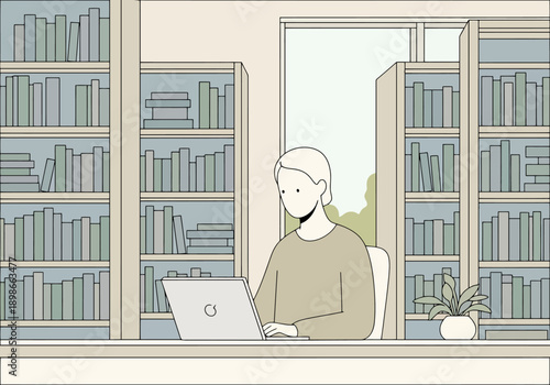 Person working on laptop at desk surrounded by bookshelves and a window with outdoor greenery