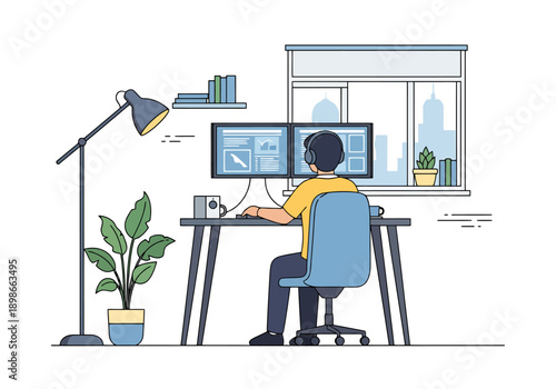 Creative professional works on dual monitors at desk in modern home office with window view and plants