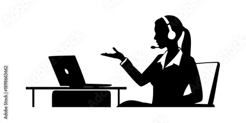 Silhouette of a professional woman sitting with a laptop, wearing a headset, gesturing during a video call, remote work and digital communication concept.