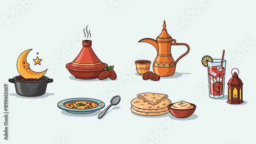 Traditional Middle Eastern Food and Drinks Illustration.