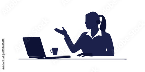 Silhouette of a professional woman sitting with a laptop, wearing a headset, gesturing during a video call, remote work and digital communication concept.