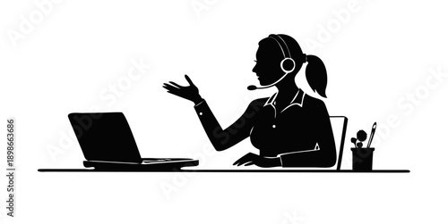 Silhouette of a professional woman sitting with a laptop, wearing a headset, gesturing during a video call, remote work and digital communication concept.