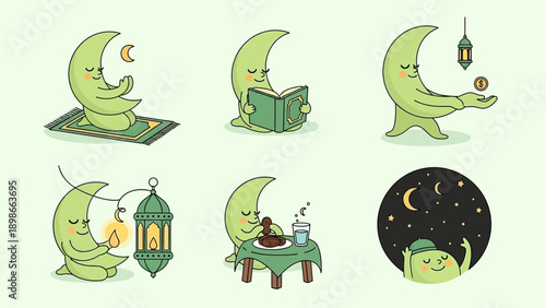 Crescent Moon Character Various Activities Illustration.