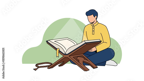 Man Reading Book on Lectern Kneeling.