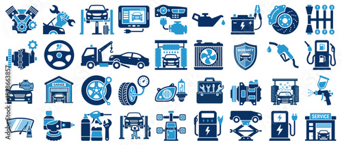 Professional Auto Service and Car Repair Vector Icon Set Featuring Engine Maintenance Towing and EV Charging