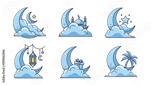 Crescent Moon Illustrations with Various Decorations.