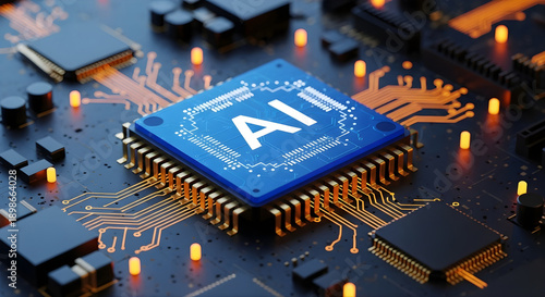 Artificial Intelligence chip on a circuit board with glowing orange lights, close-up view