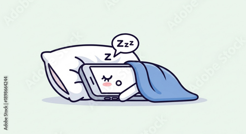 Cute cartoon laptop sleeping peacefully with pillow and blanket