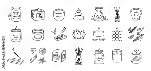 Hand drawn doodle candles set . Outline aroma collection. Burning aroma candles, Various Candles. Pillar, square and container candle. Decorative wax spice candles for relax and spa.