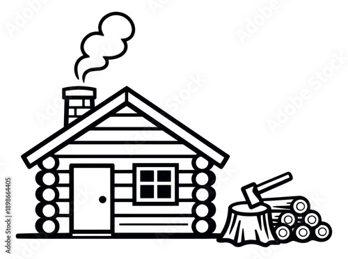 Line art illustration of a log cabin depicting a smoking chimney, axe, and log pile for rural lifestyle