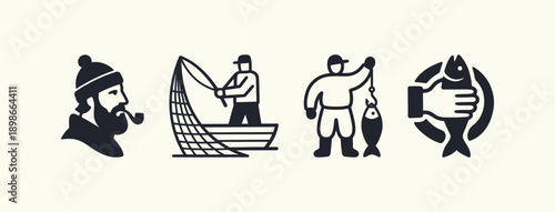 Vintage Monochrome Fishing Icons Set: Fisherman, Net, and Catch