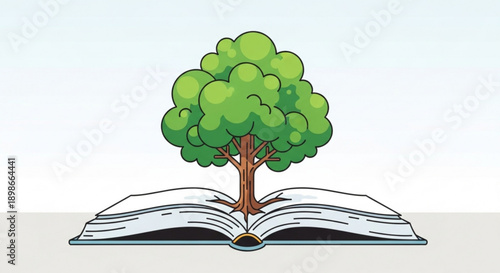 Vibrant tree grows from open book in modern illustration