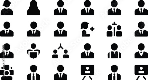 A comprehensive set of modern vector icons illustrating business professionals, team collaboration, human resources, and management concepts for digital interfaces