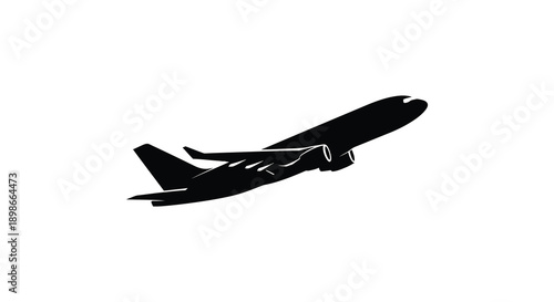 A dynamic black silhouette of a commercial airplane in flight depicting speed and travel a striking visual silhouette high quality
