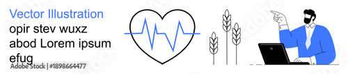 Healthcare, nutrition, wellness, agriculture, heart health, and technology. Simplistic heart with heartbeat line, wheat plants man at laptop gesturing. Healthcare and nutrition