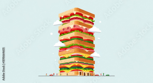 Giant stacked sandwich tower with people and cars below