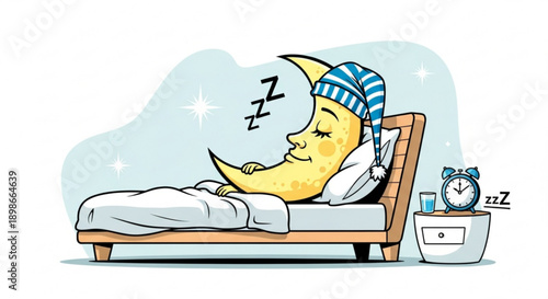 Crescent moon sleeping peacefully in bed with nightcap