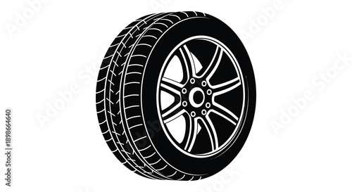 A detailed black and white depiction of a car wheel with a complex spoke design presented as a silhouette high quality professional