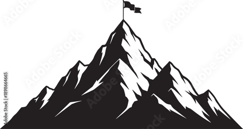 Black and white mountain peak with flag on silhouette