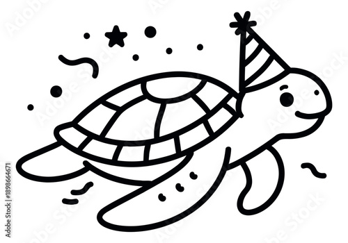 Hand drawn line art illustration of a cute sea turtle depicting a party celebration for birthday or aquatic themed designs