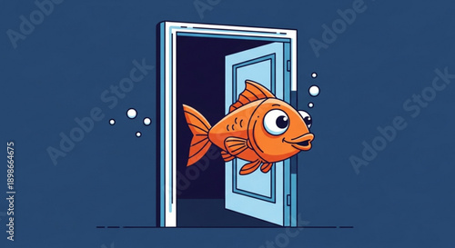 Smiling orange fish jumping out of door in cartoon style