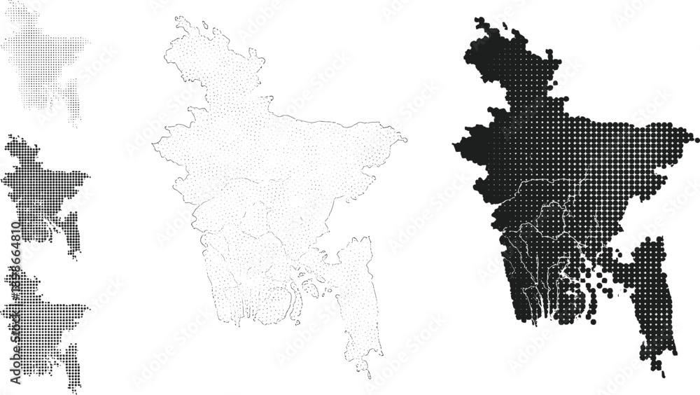 Obraz premium Bangladesh Map Illustration Set with Dotted and Halftone Styles for Geographic Infographics, Data Visualization, and Editorial Design
