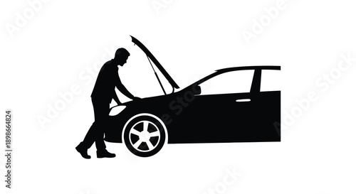 A man is inspecting the engine of a car with the hood raised creating a striking visual silhouette high quality
