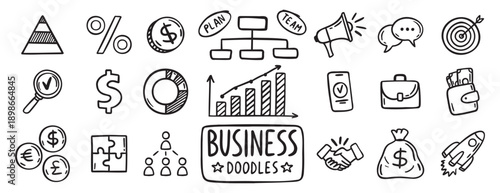 business doodle hand drawn icon set. Outline drawing business line clipart symbol collection