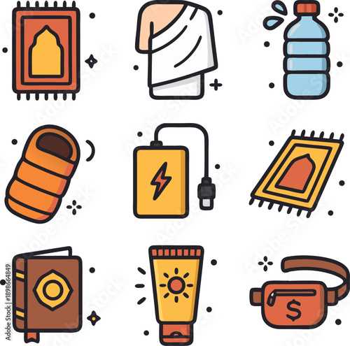 Hajj essentials including prayer rugs and water, ideal for travel blogs, religious websites, and pilgrimagerelated articles or publications.